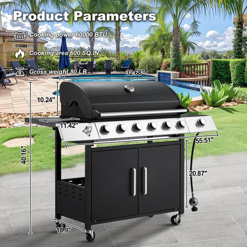 Upgraded 60,000 BTU Stainless Steel Burner Barbecue Grill, 6 Burner BBQ Propane Gas Grill with Side Stove & Cast Iron Grates for Patio, Camping, Outdoor Cooking