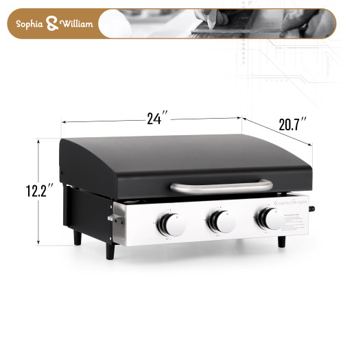 22" Flat Top Grill with Lid & Ceramic Coated Cast Iron Pan, 3-Burner Portable Tabletop Gas Propane Griddle for Outdoor, BBQ, Camping & Tailgating Barbecue, 24,000 BTU