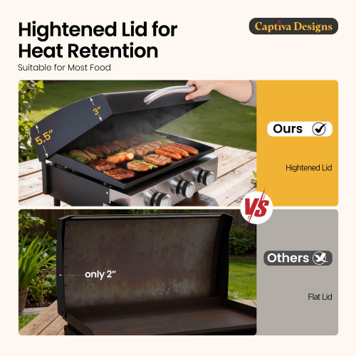 22" Flat Top Grill with Lid & Ceramic Coated Cast Iron Pan, 3-Burner Portable Tabletop Gas Propane Griddle for Outdoor, BBQ, Camping & Tailgating Barbecue, 24,000 BTU