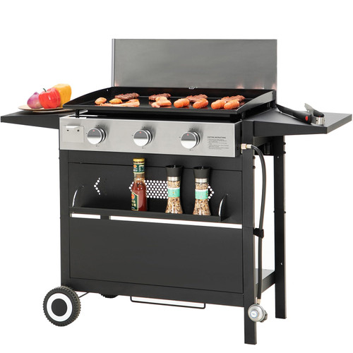 28-Inch Flat Top Grill with Ceramic Coated Cast Iron Griddle, 3-Burner Propane Gas BBQ Griddle, Portable Outdoor Barbecue Grill,33,000 BTU,Black