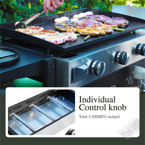 28-Inch Flat Top Grill with Ceramic Coated Cast Iron Griddle, 3-Burner Propane Gas BBQ Griddle, Portable Outdoor Barbecue Grill,33,000 BTU,Black