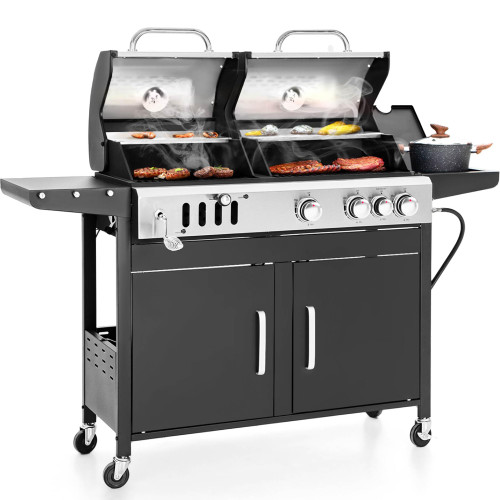 Charcoal and Propane Gas Grill Combo with Side Burner & Porcelain-Enameled Cast Iron Grate, Dual Fuel BBQ Grill for Outdoor, Barbecue Grill, 690 SQIN Cooking Area