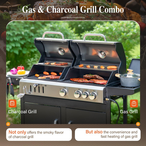 Charcoal and Propane Gas Grill Combo with Side Burner & Porcelain-Enameled Cast Iron Grate, Dual Fuel BBQ Grill for Outdoor, Barbecue Grill, 690 SQIN Cooking Area