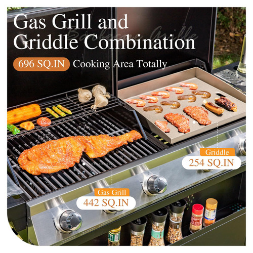 Propane Gas Grill and Griddle Combo with Porcelain-Enameled Cast Iron Grates, Dual Outdoor BBQ Grill with Flat Top Griddle for Barbecue, 696 SQ.IN. Cooking Area