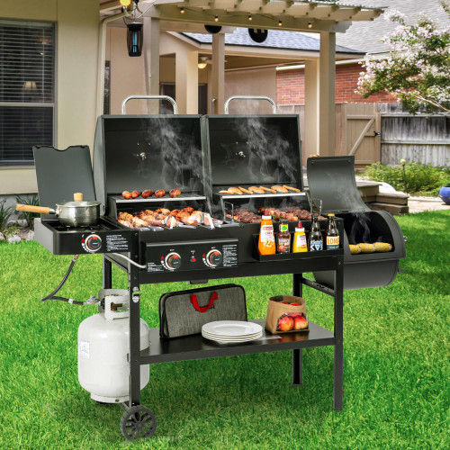 2-Burner Gas and Charcoal Combo Grill with Offset Smoker & Side Burner, 34,000 BTU Dual Fuel Grill, 1020 Sq. In. Cooking Area, Ideal for Outdoor Cooking, Black