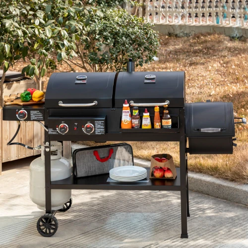 2-Burner Gas and Charcoal Combo Grill with Offset Smoker & Side Burner, 34,000 BTU Dual Fuel Grill, 1020 Sq. In. Cooking Area, Ideal for Outdoor Cooking, Black