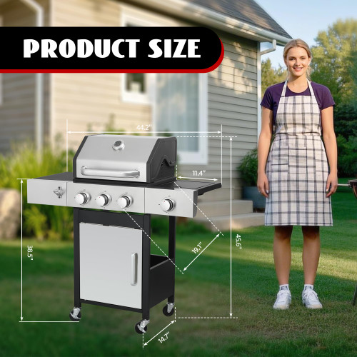 3-Burner Propane Gas Grill with Side Burner, 37,000 BTU Outdoor BBQ Grill with Porcelain-Enameled Cast Iron Grates, Thermometer, Double Layer Lid Stainless Steel Grill for Outdoor Cooking, Patio BBQ