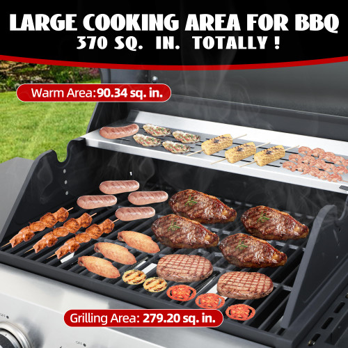 3-Burner Propane Gas Grill with Side Burner, 37,000 BTU Outdoor BBQ Grill with Porcelain-Enameled Cast Iron Grates, Thermometer, Double Layer Lid Stainless Steel Grill for Outdoor Cooking, Patio BBQ
