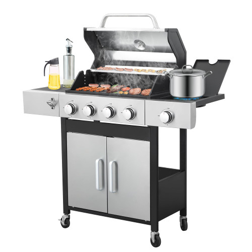 4-Burner Propane Gas Grill with Side Burner, 46,000 BTU Outdoor BBQ Grill with Porcelain-Enameled Cast Iron Grates and Griddle Pan, Built-in Thermometer Stainless Steel Grill for Outdoor Cooking