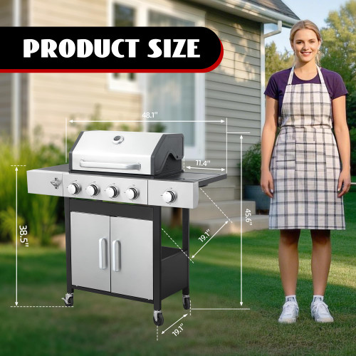 4-Burner Propane Gas Grill with Side Burner, 46,000 BTU Outdoor BBQ Grill with Porcelain-Enameled Cast Iron Grates and Griddle Pan, Built-in Thermometer Stainless Steel Grill for Outdoor Cooking