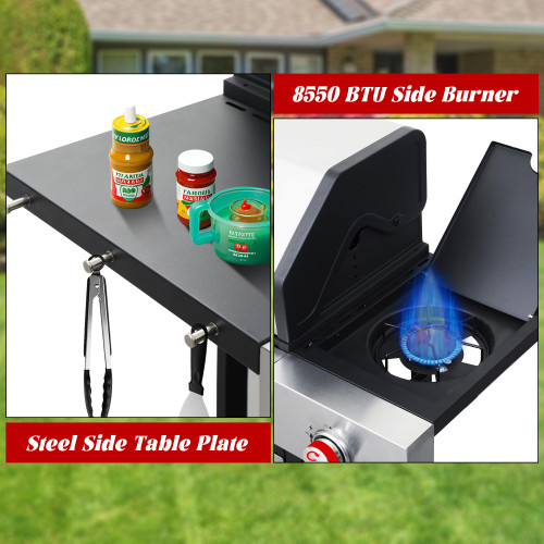 4-Burner Propane Gas Grill with Side Burner, 46,000 BTU Outdoor BBQ Grill with Porcelain-Enameled Cast Iron Grates and Griddle Pan, Built-in Thermometer Stainless Steel Grill for Outdoor Cooking