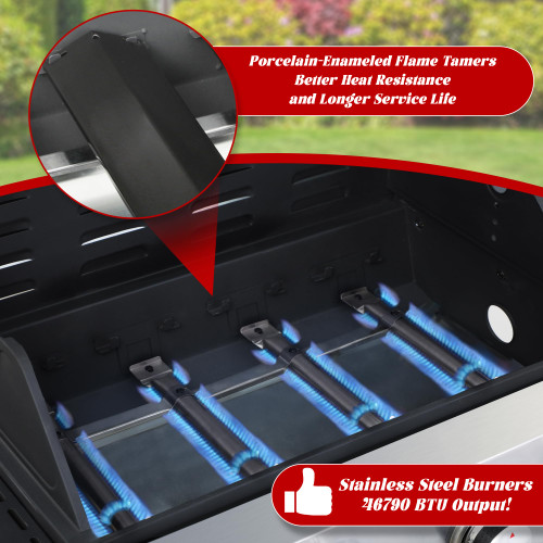 4-Burner Propane Gas Grill with Side Burner, 46,000 BTU Outdoor BBQ Grill with Porcelain-Enameled Cast Iron Grates and Griddle Pan, Built-in Thermometer Stainless Steel Grill for Outdoor Cooking