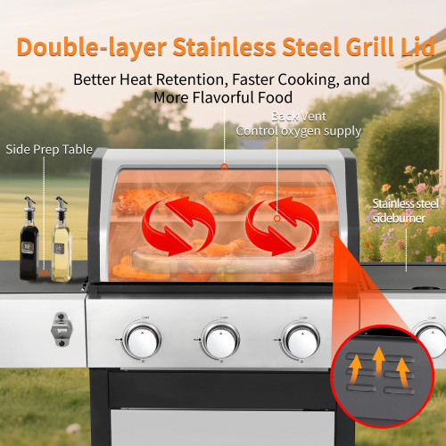39000 BTU Output Propane Gas Grill with Side Burner and 3 Main Burners - Double-layer Stainless Steel Lid, Cast Iron Grids, Easy-Clean Grease Management & Even Heat Distribution for Perfect BBQs