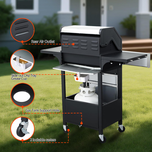 39000 BTU Output Propane Gas Grill with Side Burner and 3 Main Burners - Double-layer Stainless Steel Lid, Cast Iron Grids, Easy-Clean Grease Management & Even Heat Distribution for Perfect BBQs