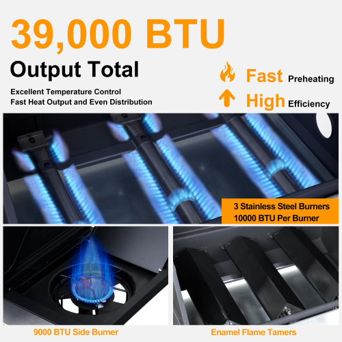 39000 BTU Output Propane Gas Grill with Side Burner and 3 Main Burners - Double-layer Stainless Steel Lid, Cast Iron Grids, Easy-Clean Grease Management & Even Heat Distribution for Perfect BBQs
