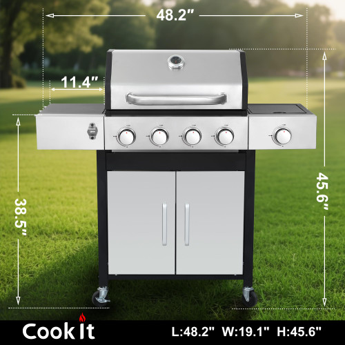 49000 BTU Output Propane Gas Grill with Side Burner and 4 Main Burners - Double-layer Stainless Steel Lid, Cast Iron Grids and Plate, Easy-Clean Grease Management for Perfect BBQs