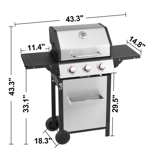 3-Burner Propane Gas Grill with Stainless Steel Cabinet - Outdoor BBQ Grill Side Table, Knob Controls, Cast Iron Grates & Thermometer