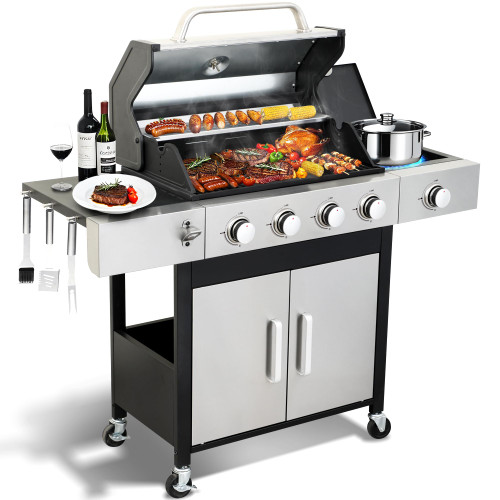 4 Burner Propane Gas BBQ Grill with Side Burner - 46890 BTU Output Stainless Steel Grill with Enameled Cast Iron Cooking Grid Side Table for Outdoor Backyard Patio Barbecue