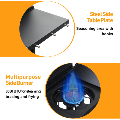 4 Burner Propane Gas BBQ Grill with Side Burner - 46890 BTU Output Stainless Steel Grill with Enameled Cast Iron Cooking Grid Side Table for Outdoor Backyard Patio Barbecue