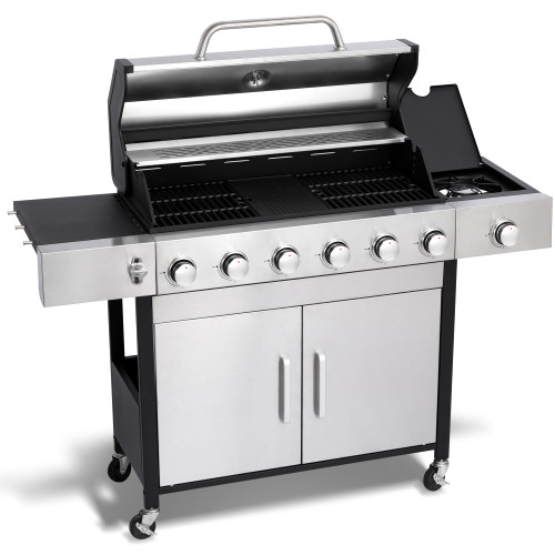 6-Burner Propane Gas BBQ Grill with Side Burner - 65250 BTU Total Output Stainless Steel Grills with Enameled Cast Iron Grill for Outdoor Backyard Barbecue, 620 SQ. IN. Cooking Area