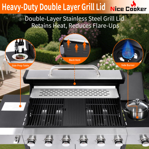 6-Burner Propane Gas BBQ Grill with Side Burner - 65250 BTU Total Output Stainless Steel Grills with Enameled Cast Iron Grill for Outdoor Backyard Barbecue, 620 SQ. IN. Cooking Area