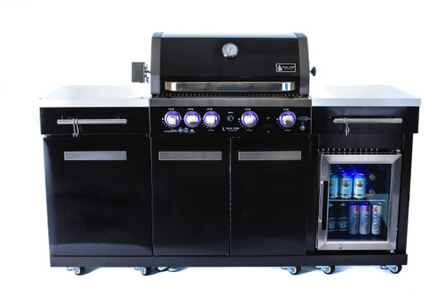 5-Burner 63000 BTU Black Stainless Steel Outdoor Kitchen Bar Gas Barbecue Island Grill with Infrared Rear Burner + Fridge Cabinet + Rotisserie Kit & Full Weather Cover