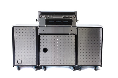 5-Burner 63000 BTU Black Stainless Steel Outdoor Kitchen Bar Gas Barbecue Island Grill with Infrared Rear Burner + Fridge Cabinet + Rotisserie Kit & Full Weather Cover