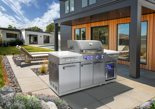 Propane Natural Gas 5-Burner Compact Outdoor Kitchen Gas Barbecue Grill Island in Stainless Steel with Infrared Rear Burner + Fridge Cabinet + Rotisserie Kit & Full Weather Cover