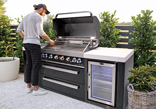 6-Burner 115000 BTU Black Stainless Steel Gas Outdoor Kitchen Bar Island Grill w/Wine Cooler Beverage Center Refrigerator + Infrared Side Burner + Granite Countertop