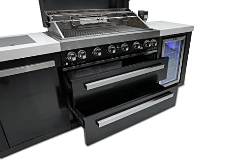 6-Burner 115000 BTU Black Stainless Steel Gas Outdoor Kitchen Bar Island Grill w/Wine Cooler Beverage Center Refrigerator + Infrared Side Burner + Granite Countertop