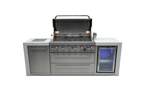 Stainless Steel Deluxe Modular Outdoor Kitchen Island BBQ Grill with Fridge Cabinet + Infrared Rear & Side Burner + Granite Countertops + Rotisserie Kit & Cover
