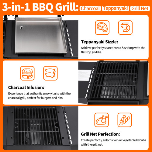 2 Burner Propane Gas & Charcoal Combo Grill with Griddle, 19100 BTU Outdoor BBQ Smoker BBQ Grill with Side Table, Cast Iron Grates, Temperature Gauge, Cart with Wheels