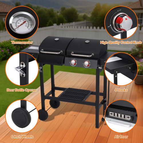 2 Burner Propane Gas & Charcoal Combo Grill with Griddle, 19100 BTU Outdoor BBQ Smoker BBQ Grill with Side Table, Cast Iron Grates, Temperature Gauge, Cart with Wheels