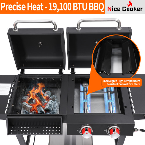 2 Burner Propane Gas & Charcoal Combo Grill with Griddle, 19100 BTU Outdoor BBQ Smoker BBQ Grill with Side Table, Cast Iron Grates, Temperature Gauge, Cart with Wheels