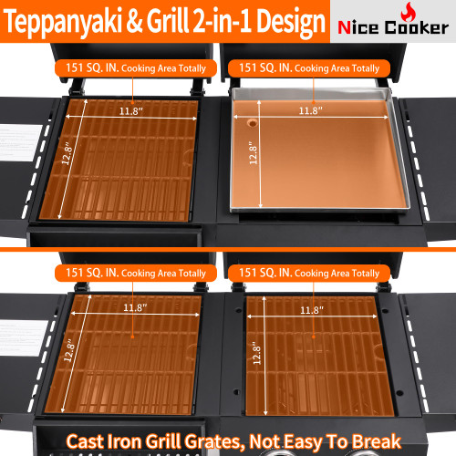 2 Burner Propane Gas & Charcoal Combo Grill with Griddle, 19100 BTU Outdoor BBQ Smoker BBQ Grill with Side Table, Cast Iron Grates, Temperature Gauge, Cart with Wheels