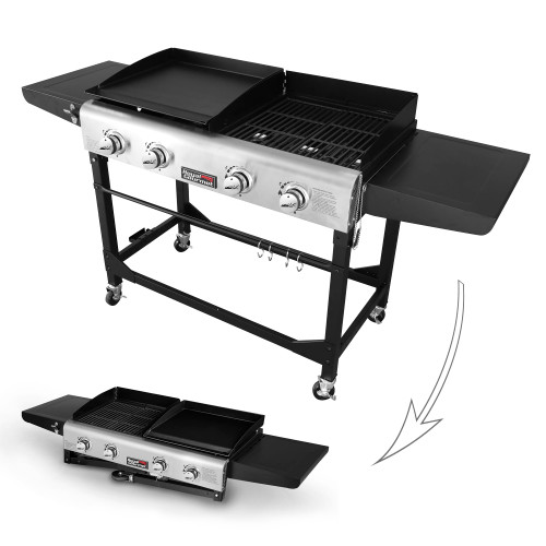 GD401C 4-Burner Propane Gas Grill and Griddle Combo with Cover, Griddle Grill Combo with 48,000 BTUs Output for Outdoor Cooking While Camping or Tailgating, Black & Silver