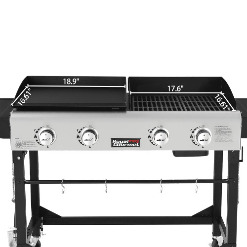 GD401C 4-Burner Propane Gas Grill and Griddle Combo with Cover, Griddle Grill Combo with 48,000 BTUs Output for Outdoor Cooking While Camping or Tailgating, Black & Silver