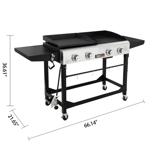 GD401 Portable Propane Gas Grill and Griddle Combo with Side Table | 4-Burner, Folding Legs,Versatile, Outdoor | Black 66 Inch