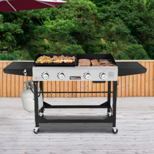 GD401 Portable Propane Gas Grill and Griddle Combo with Side Table | 4-Burner, Folding Legs,Versatile, Outdoor | Black 66 Inch