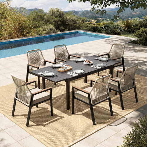 7 Pieces Patio Table and Chairs Set, Outdoor Dining Set for 7, 6 x Cushioned Woven Rattan Patio Chairs and 1 x 61”/84” Black Extendable Metal Table, Outdoor Rattan Dining Set for Lawn