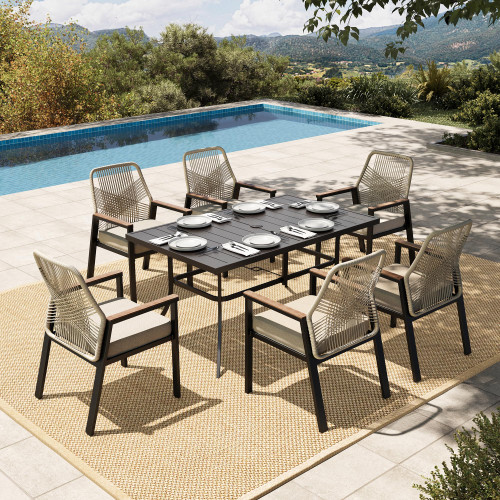 7 Pieces Patio Table and Chairs Set, Outdoor Dining Set for 7, 6 x Cushioned Woven Rattan Patio Chairs and 1 x Black Metal Table with Umbrella Hole, Outdoor Rattan Dining Set for Lawn