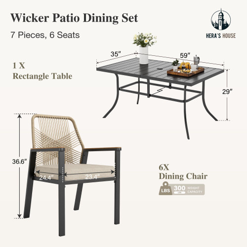 7 Pieces Patio Table and Chairs Set, Outdoor Dining Set for 7, 6 x Cushioned Woven Rattan Patio Chairs and 1 x Black Metal Table with Umbrella Hole, Outdoor Rattan Dining Set for Lawn