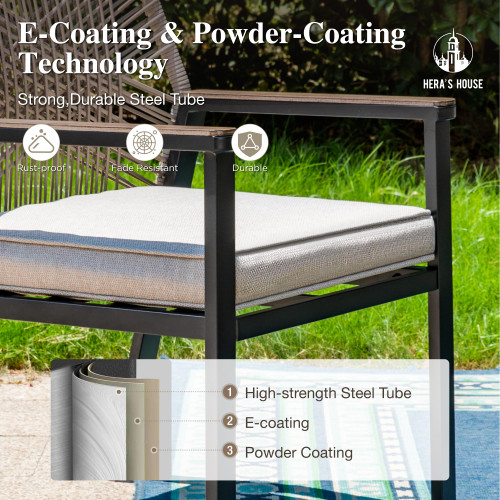 7 Pieces Patio Table and Chairs Set, Outdoor Dining Set for 7, 6 x Cushioned Woven Rattan Patio Chairs and 1 x Black Metal Table with Umbrella Hole, Outdoor Rattan Dining Set for Lawn