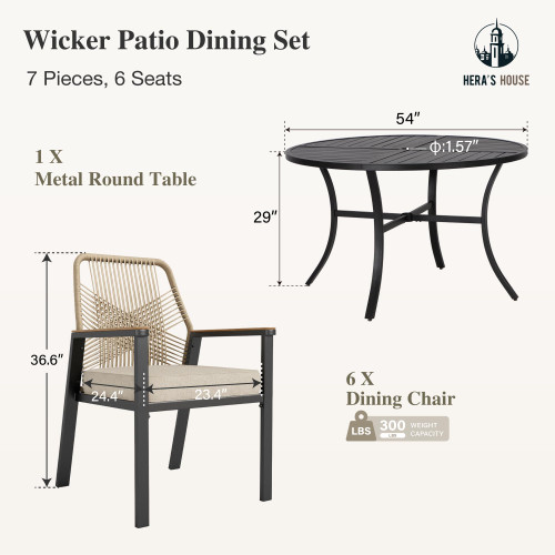 7 Pieces Patio Table and Chairs Set, Outdoor Dining Set for 7, 6 x Cushioned Woven Rattan Patio Chairs and 1 x 54” Round Table with Umbrella Hole, Outdoor Rattan Dining Set for Lawn