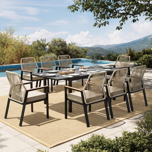 9 Pieces Patio Table and Chairs Set, Outdoor Dining Set for 8, 8 x Cushioned Rattan Patio Chairs and 1 x Extendable Dining Table, Outdoor Rattan Dining Table Set for Lawn Garden Backyard