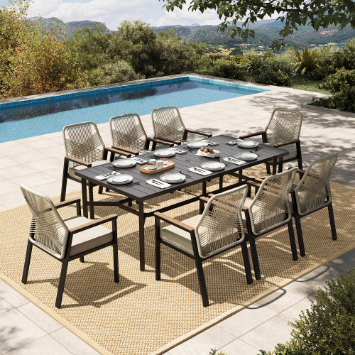 9 Pieces Outdoor Dining Set, Patio Table and Chairs for 8, 8 x Cushioned Rattan Patio Chairs and 1 x 83 Large Rectangle Dining Table, Outdoor Dining Table Set for Lawn Garden