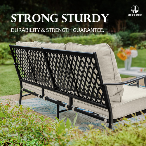 5 Piece Patio Furniture Set, 2 x Cushioned Metal Chair, 2 x Ottoman, 1 x 3-Seat Sofa, All Cushioned 7 Seats Outdoor Conversation Set for Lawn Garden Backyard