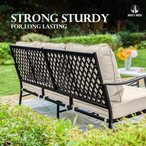 5 Pieces Patio Furniture Set, 2 x Cushioned Rocking Chair, 2 x Ottoman, 1 x 3-Seat Sofa, All Cushioned 7 Seats Outdoor Conversation Set for Lawn Garden Backyard