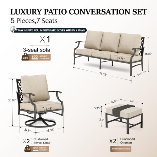 5 Piece Patio Furniture Set, 2 x Swivel Chair, 2 x Ottoman, 1 x 3-Seat Sofa, All Cushioned 7 Seats Outdoor Conversation Set for Lawn Garden Backyard