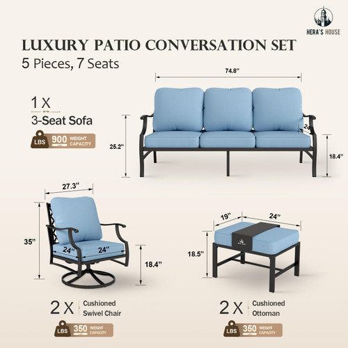 5 Piece Patio Furniture Set, 2 x Swivel Chair, 2 x Ottoman, 1 x 3-Seat Sofa, All Cushioned 7 Seats Outdoor Conversation Set for Lawn Garden Backyard, Blue
